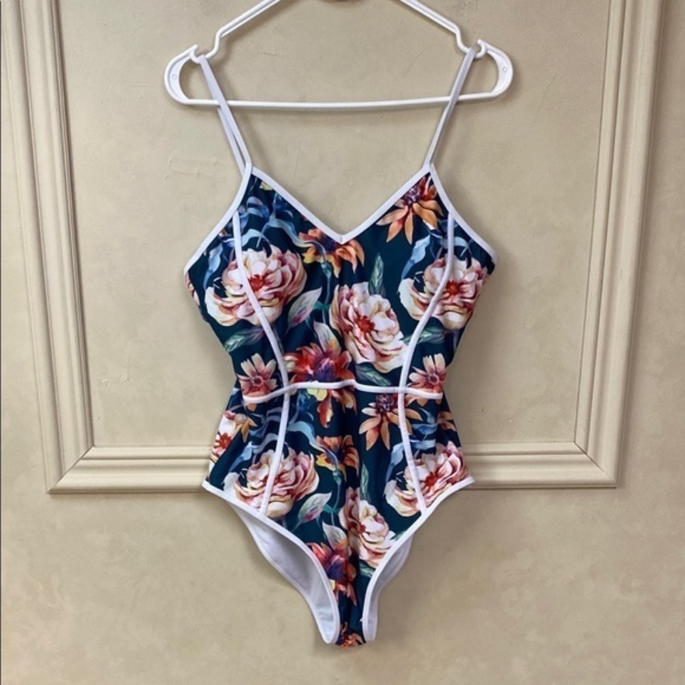 Floral Navy One-Piece Swimsuit with White Trim